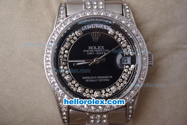 Rolex Day-Date Oyster Perpetual Automatic Full Diamond with Black Dial-Big Calendar - Click Image to Close